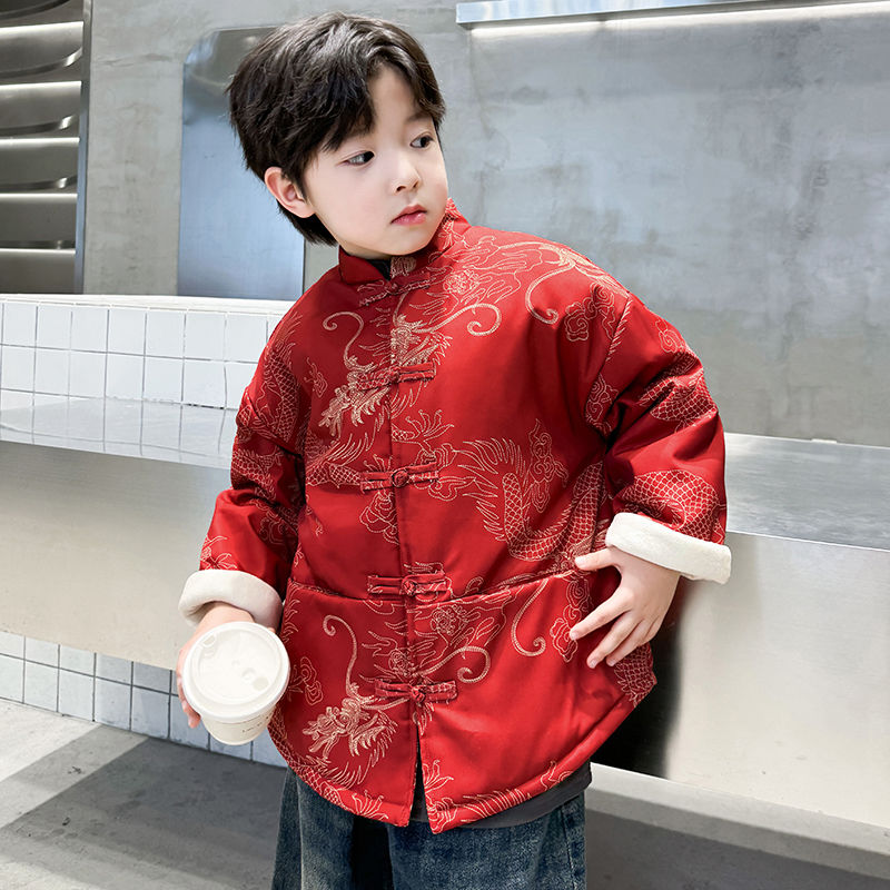 男童冬季外套新年汉服拜年加绒加厚新款2023中国儿童喜庆唐装洋气