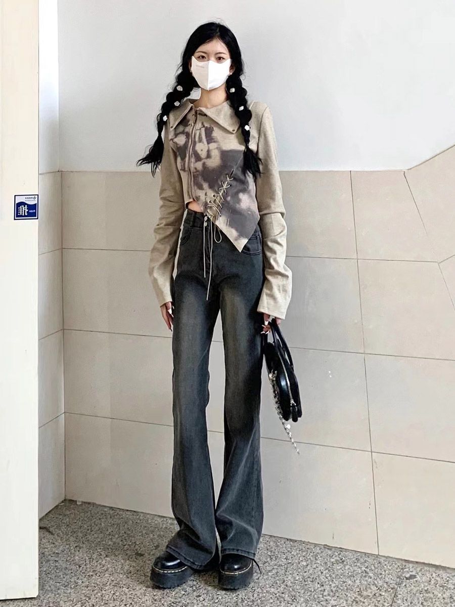 復古黑灰色微喇牛仔褲女秋冬新款彈力美式高腰修身顯瘦喇叭長褲子