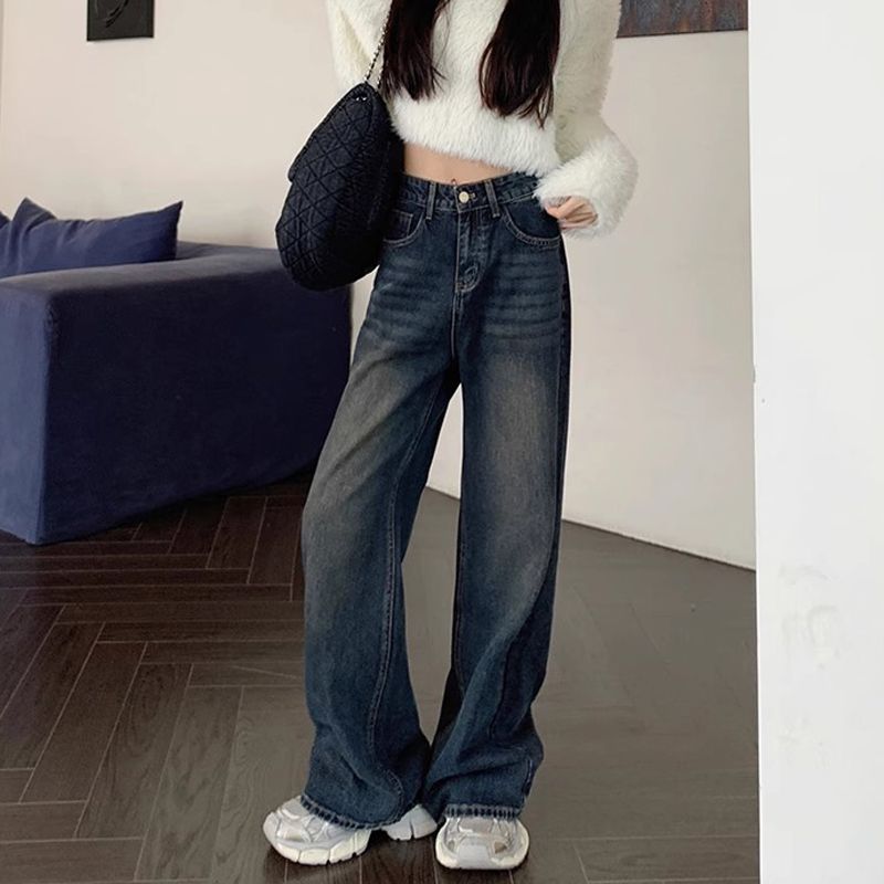 辣妹復古做舊高腰闊腿牛仔褲女小個子直筒顯瘦垂感拖地長褲ins潮