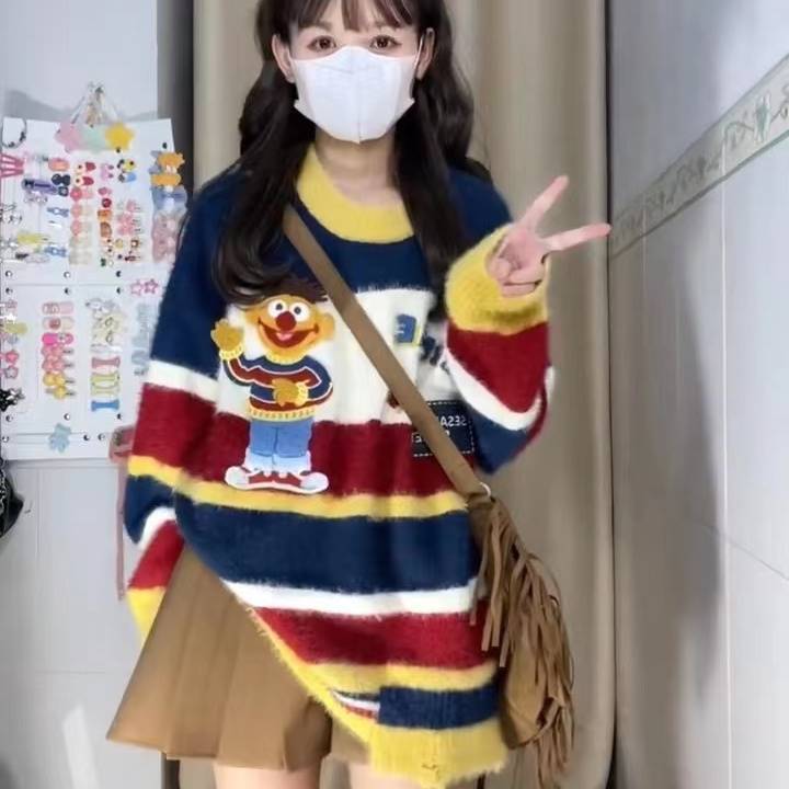 秋冬新款百搭甜美小清新日系條紋針織衫套頭圓領針織衫上衣毛衣女