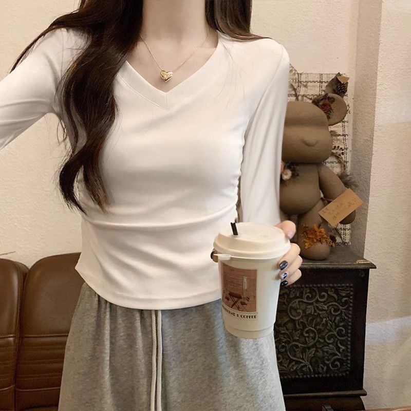 正肩V領長袖T恤女秋冬加絨上衣內搭設計感小眾收腰修身顯瘦打底衫