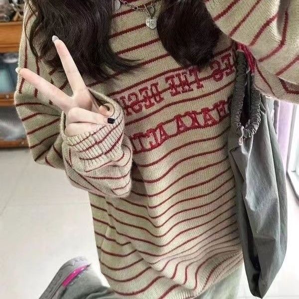 撞色條紋毛衣女套頭圓領秋冬新款寬鬆慵懶風美式復古針織加厚上衣