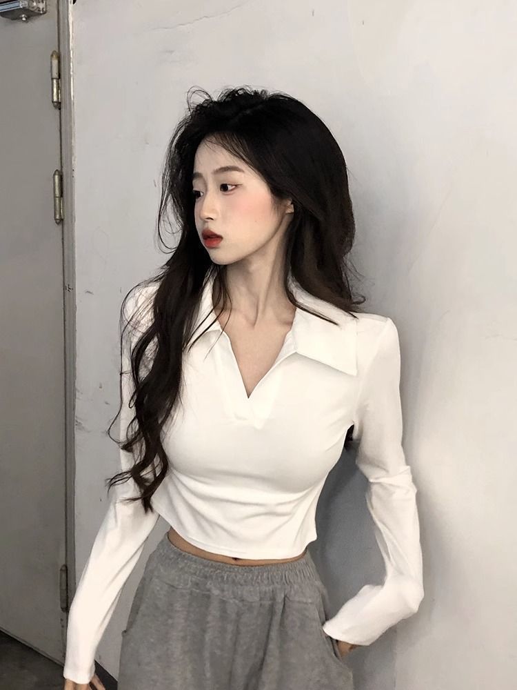 polo領純欲風長袖T恤女新款春夏設計感小眾修身顯瘦短款辣妹上衣