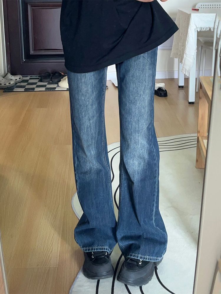 藍灰色不貼腿微喇牛仔褲女冬季新款高腰寬鬆闊腿顯瘦直筒喇叭褲子