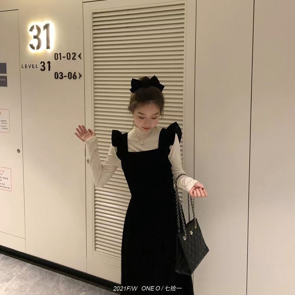 名媛風裙子高級感顯瘦女裝絲絨連衣裙兩件套背帶裙打底衫百搭套裝