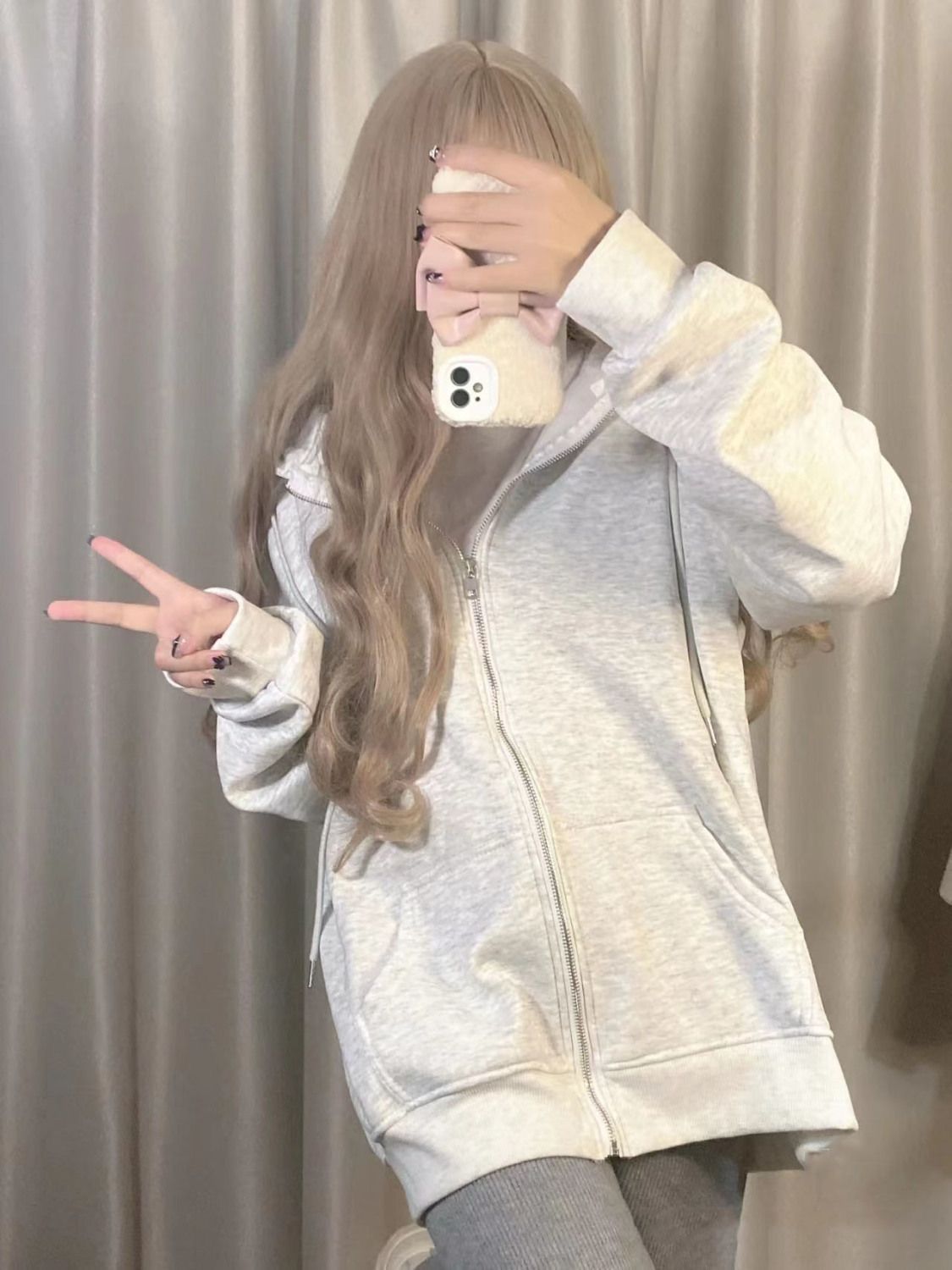 美式復古灰色連帽衛衣女oversize秋冬加絨寬鬆韓系慵懶風上衣外套