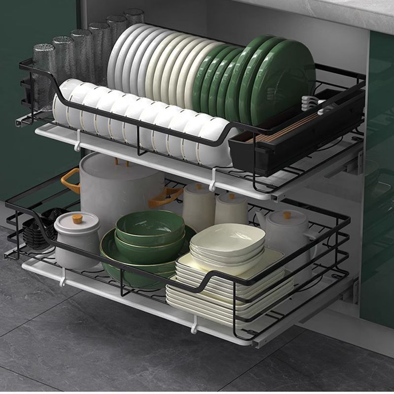 家韵拉篮厨房橱柜304纳米黑不锈钢双层抽屉式碗碟篮厨柜置物架