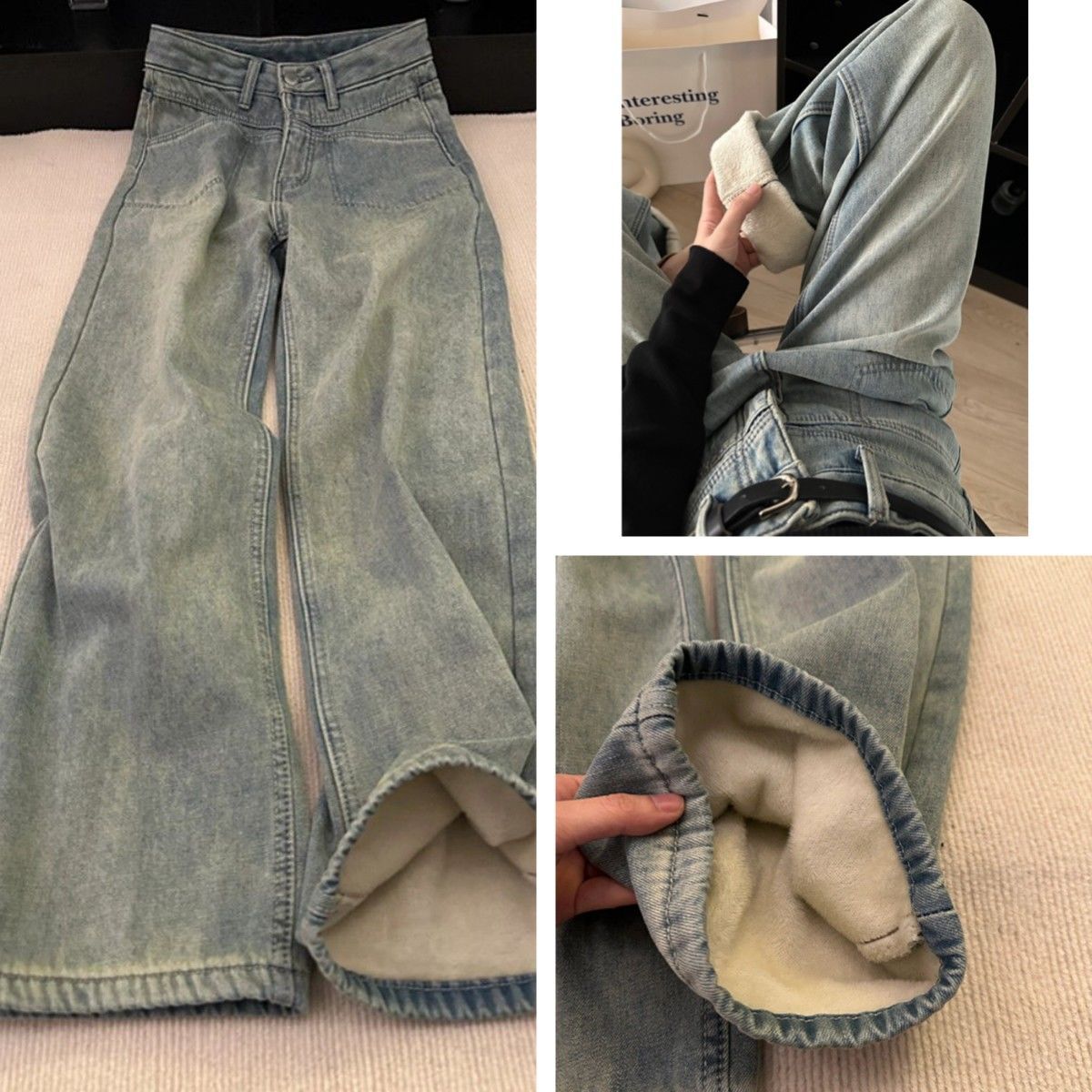 加絨加厚美式做舊水洗顯瘦闊腿牛仔褲女冬季新款直筒寬鬆拖地長褲