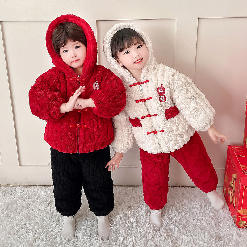 儿童睡衣冬季加厚款小童珊瑚绒三层夹棉家居服宝宝可外穿保暖冬装