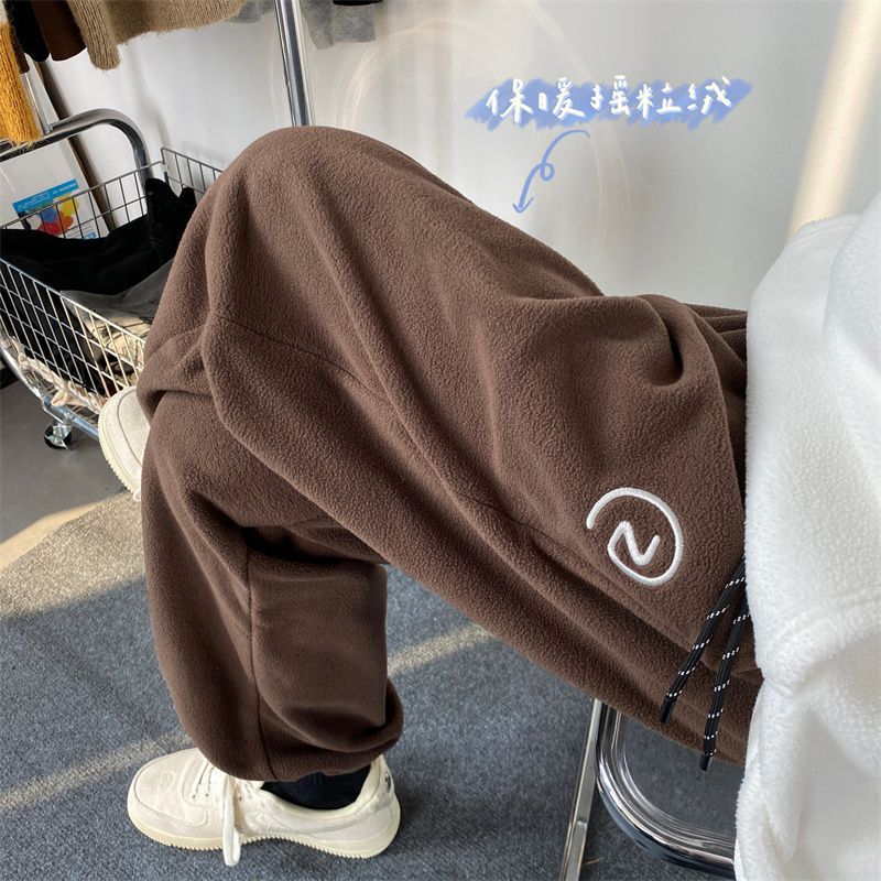 美式復古褲子男秋冬季加絨加厚衛褲重磅搖粒絨運動褲男士休閒長褲