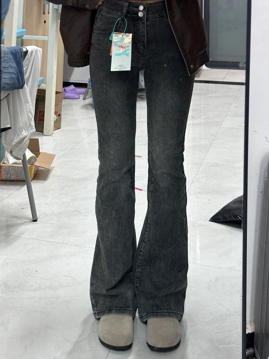 韓版休閒百搭微喇叭牛仔褲女秋冬新款高腰顯瘦百搭黑灰直筒闊腿褲