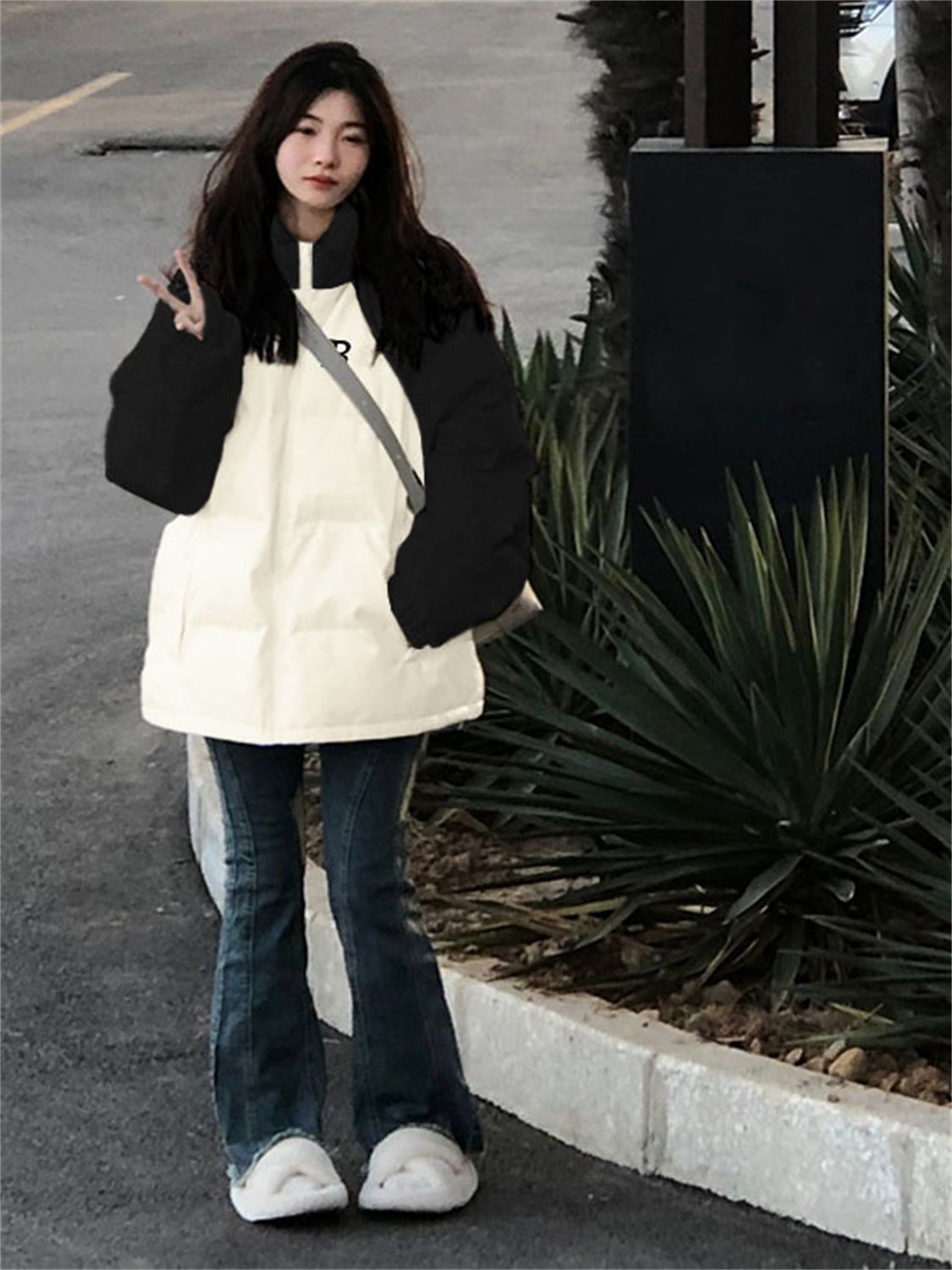 韩版拼色字母印花潮牌棉服女学生冬季新款加厚宽松棉衣外套面包服