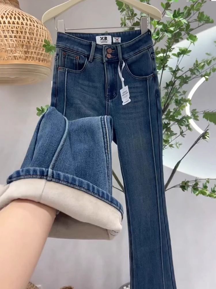 加絨加厚復古藍微喇牛仔褲女秋冬2023年新款小個子高腰顯瘦喇叭褲