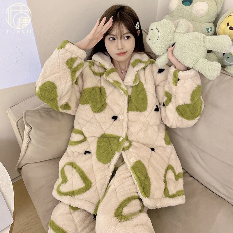 新款三層加厚睡衣女士甜美心形冬保暖珊瑚絨夾棉法蘭絨家居服套裝