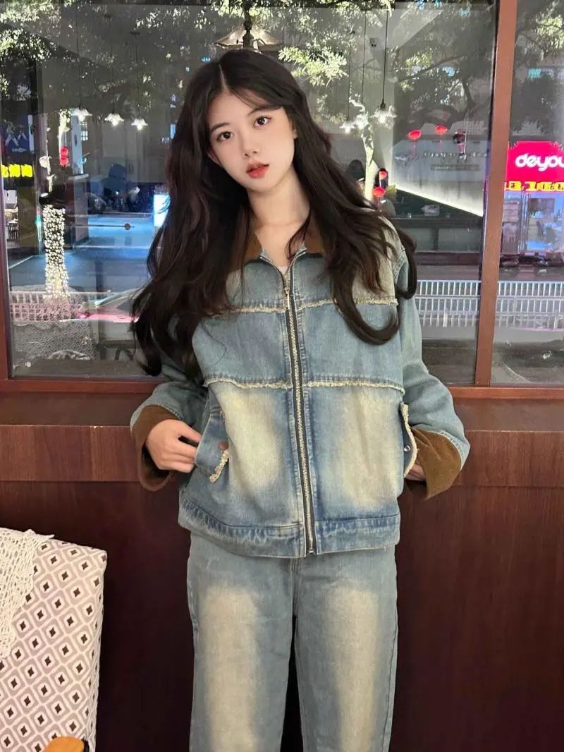 American Retro Denim Jacket for Women Spring and Autumn Design Niche Fashion Brand Raw Edge Splicing Lapel Jacket Versatile Top