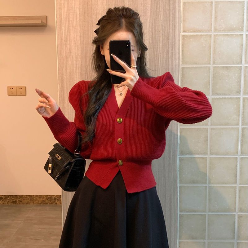 French pinch waist chic and beautiful red sweater cardigan for women spring and autumn short style small fragrant waist knitted jacket top