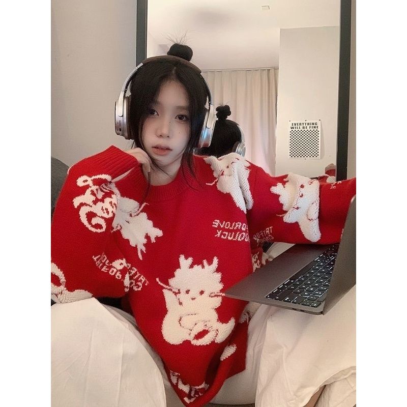 2024龍年本命年情侶針織毛衣男女小眾提花設計感慵懶風個性潮上衣