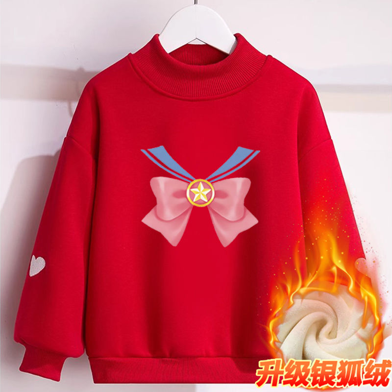 女童卫衣拼接高领红色喜庆中大童冬季新款加绒保暖宽松洋气打底衫