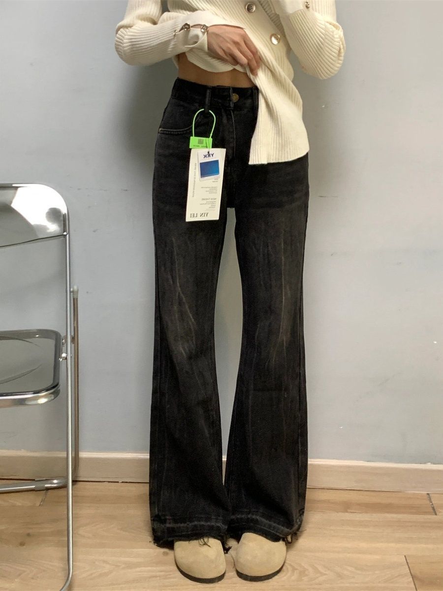 美式復古加長闊腿微喇牛仔褲女秋冬新款高腰顯瘦垂感毛邊拖地褲子