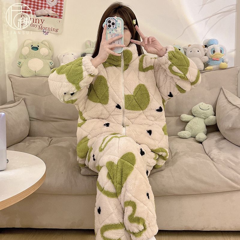珊瑚絨睡衣女款冬季三層加厚夾棉加絨愛心拉鏈家居服可外穿兩件套