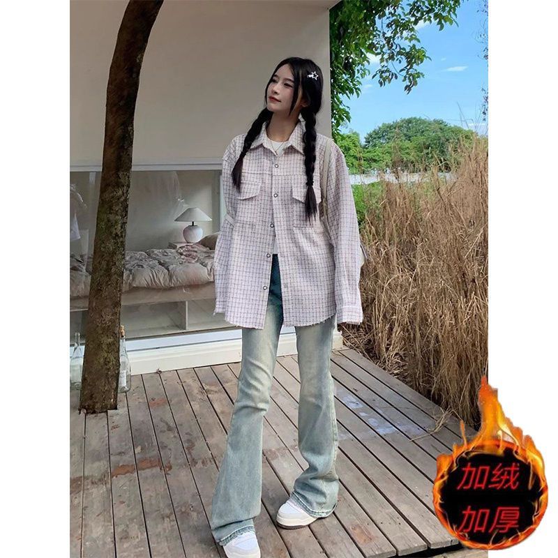 復古懷舊微喇牛仔褲女高腰緊身秋冬款加絨加厚顯瘦百搭拖地喇叭褲