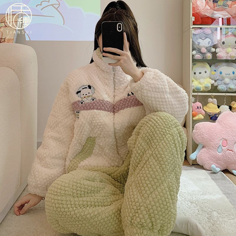 三層加厚睡衣2023年新款女款冬季保暖珊瑚絨夾棉法蘭絨拉鏈家居服
