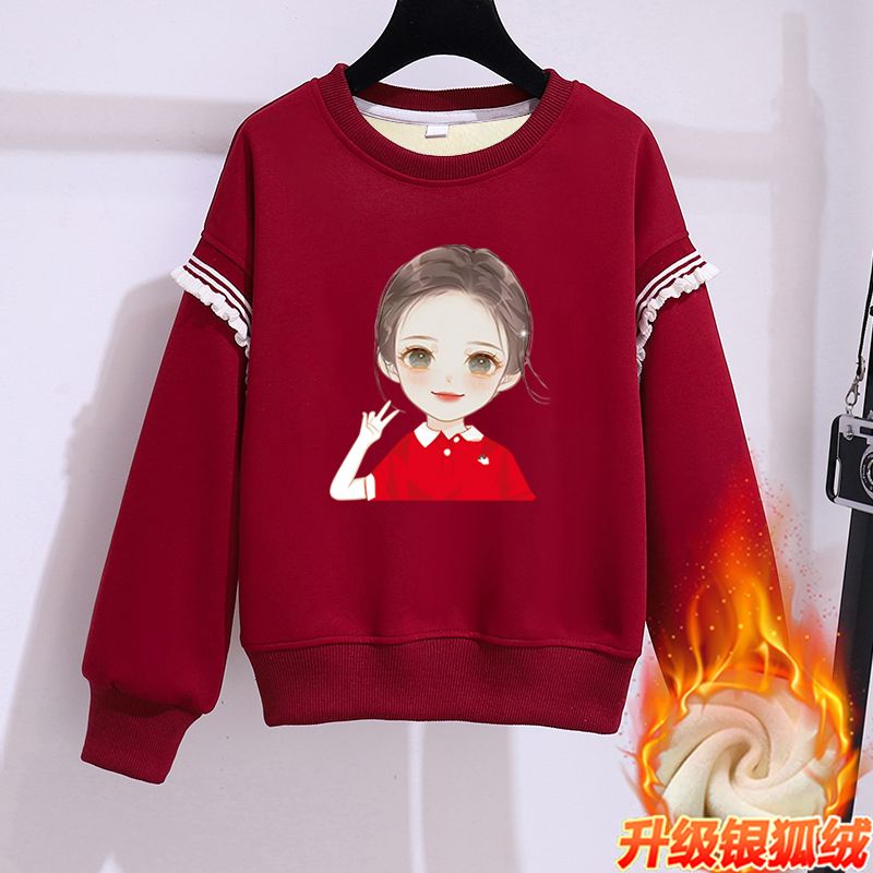 儿童卫衣冬季新款红色中国风潮款拼接花边女孩宽松休闲加绒打底衫