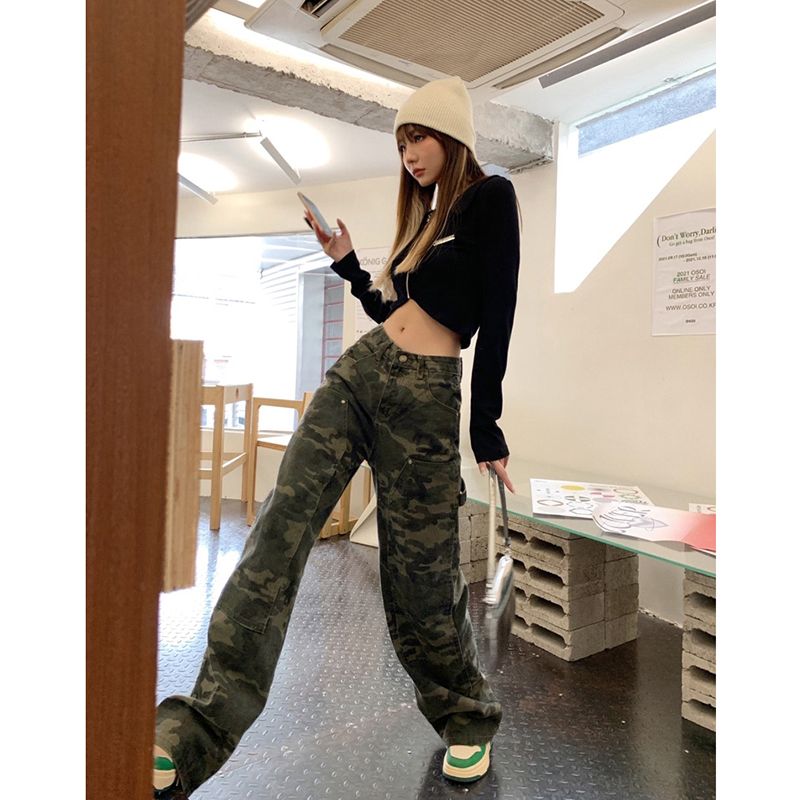 美式甜辣高街hiphop迷彩工裝拖地褲女嘻哈直筒寬鬆闊腿牛仔褲子