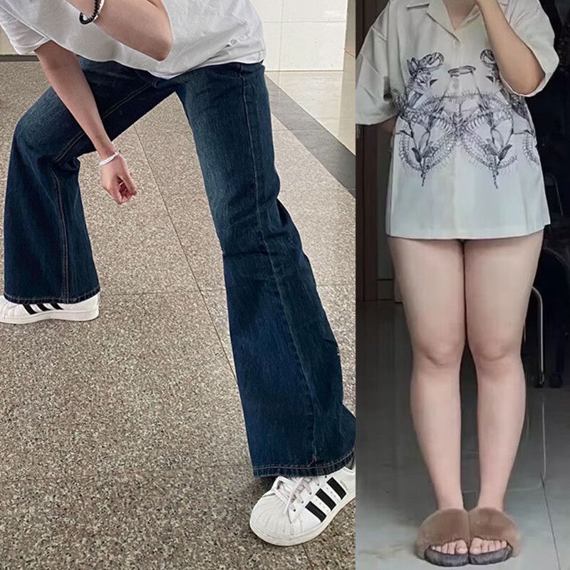 大碼胖mm微喇叭闊腿牛仔褲女秋冬加絨加厚高腰寬鬆顯瘦直筒拖地褲