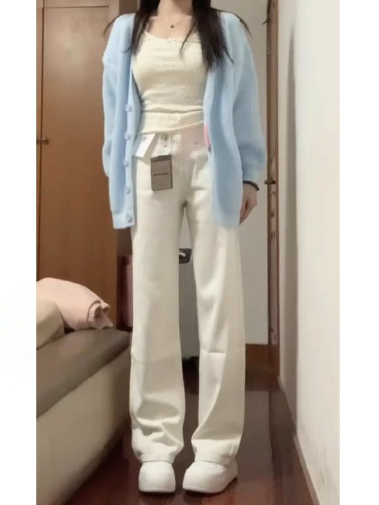 白色不貼腿窄版闊腿牛仔褲女冬季新款高腰寬鬆直筒拖地褲子ins潮