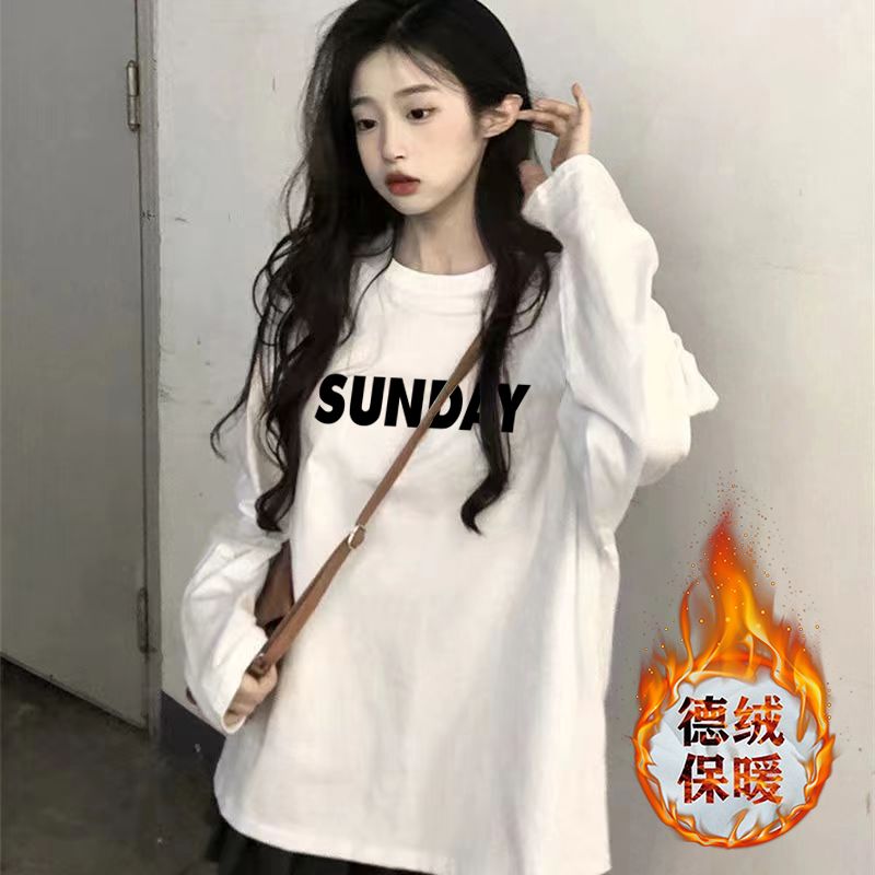 加厚雙面德絨圓領白色印花打底衫女加絨秋冬磨毛內搭寬鬆長袖t恤