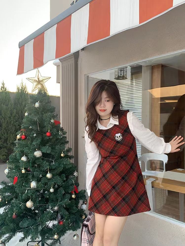 甜妹別致毛呢格紋背心裙女秋冬時尚新款聖誕新年紅色背心短裙ins