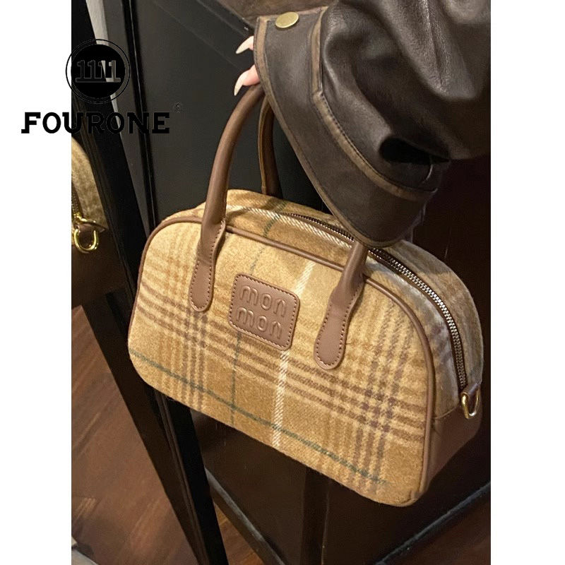 Korean bowling bag women's new wool plaid handbag high-end versatile crossbody bag