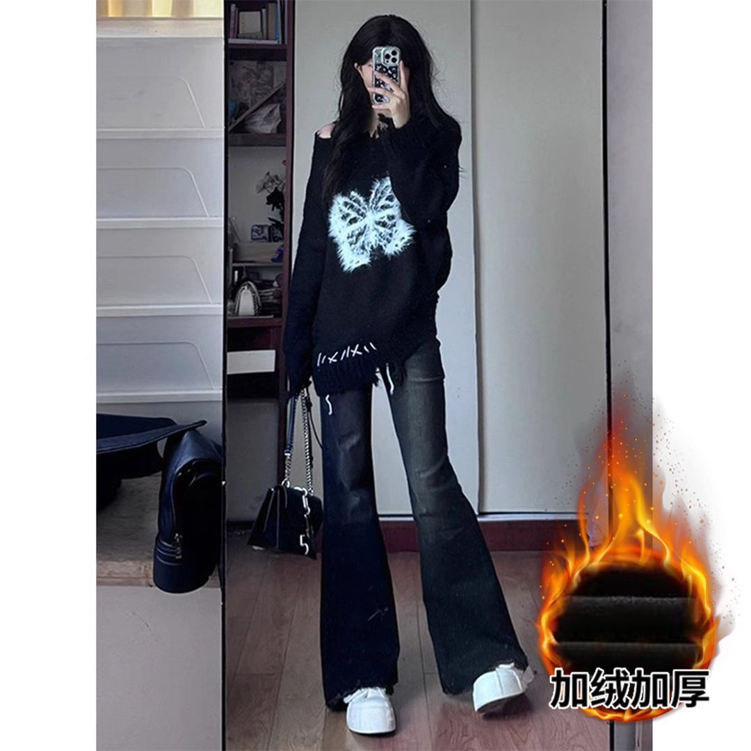 黑色小個子毛邊顯瘦微喇叭牛仔褲秋冬女2023加絨新款高腰馬蹄褲潮
