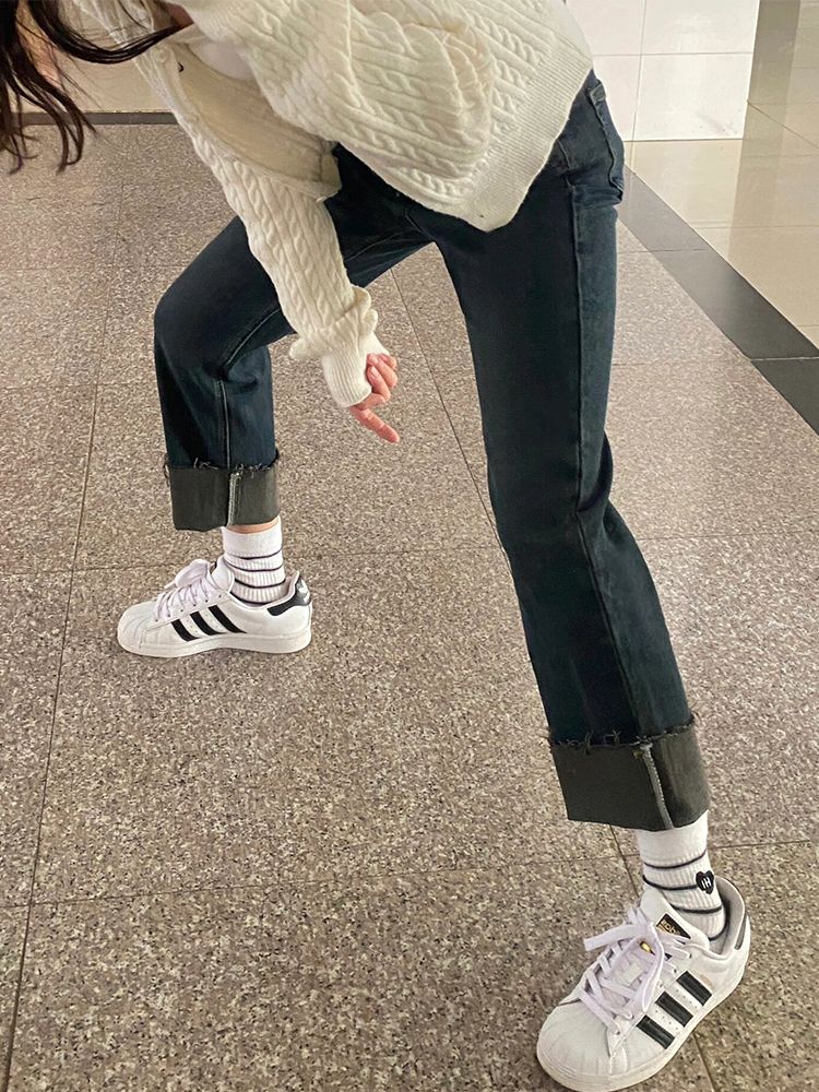 復古卷邊直筒牛仔褲女冬季新款小個子高腰修身闊腿顯瘦九分煙管褲