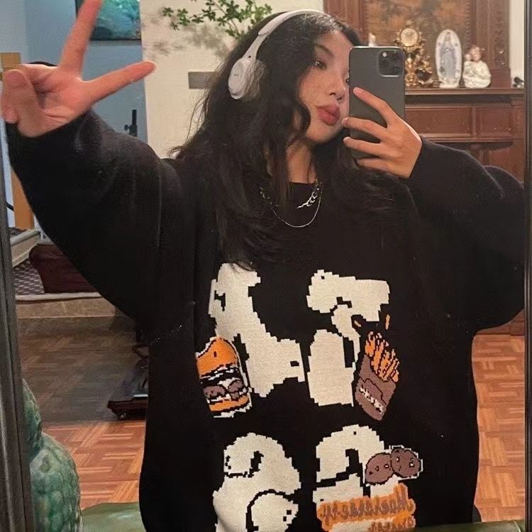 圓領黑色無帽衛衣女秋冬季加絨加厚美式復古港風chic寬鬆上衣服潮