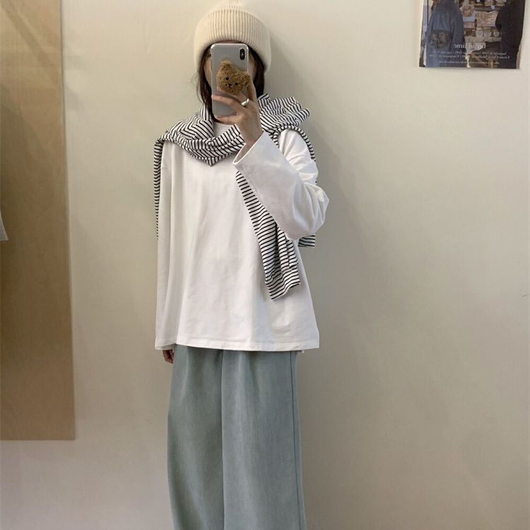 純棉長袖T恤打底衫純色寬鬆百搭秋冬新款女裝ins白色上衣學生潮