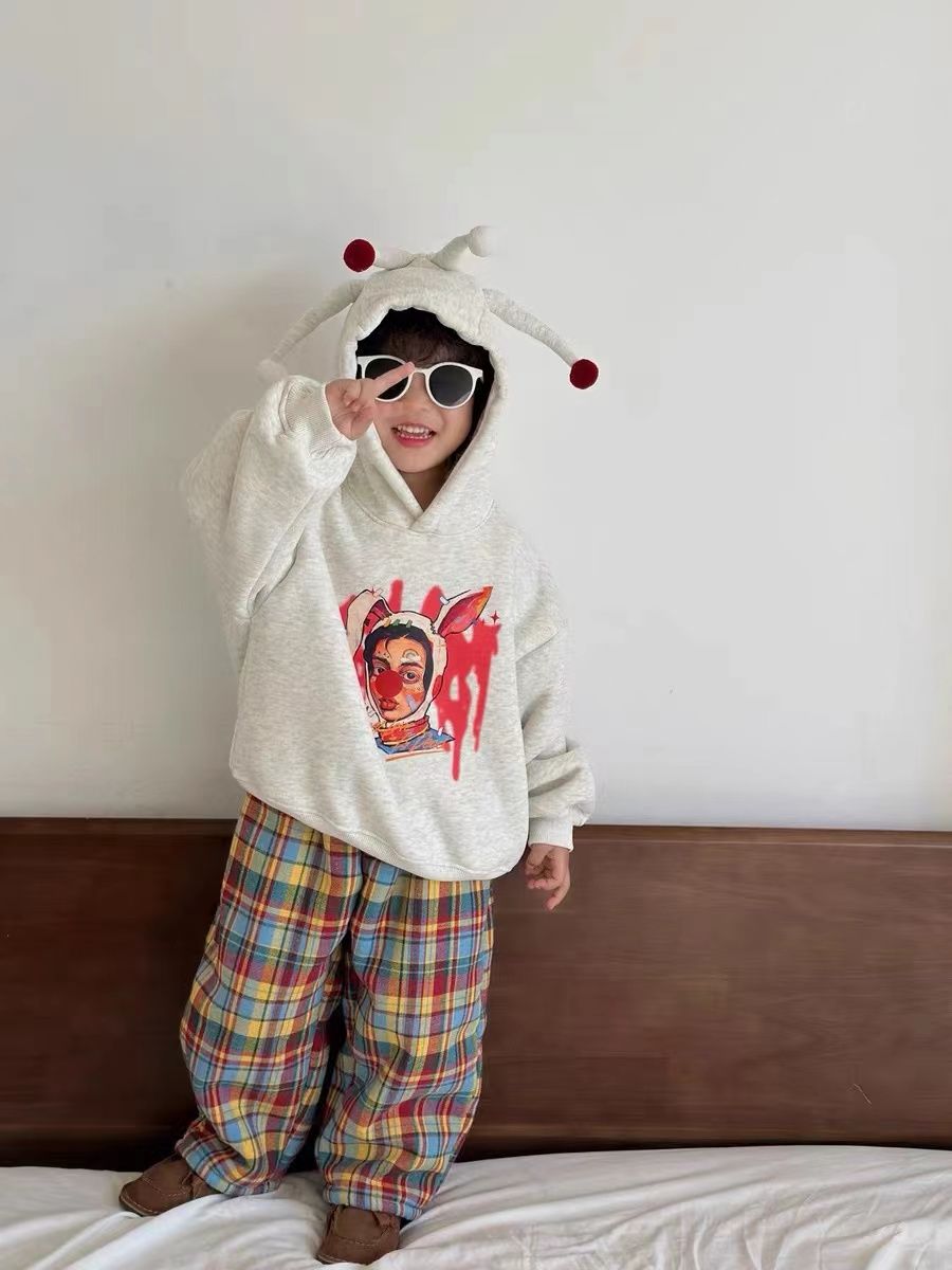 新品男童加絨套裝冬季男孩過年拜年服小丑外套衛衣兒童寶寶格子褲
