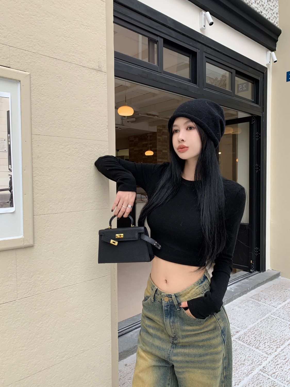 美式辣妹風后背鏤空長袖T恤女裝冬季修身內搭打底衫短款露臍上衣