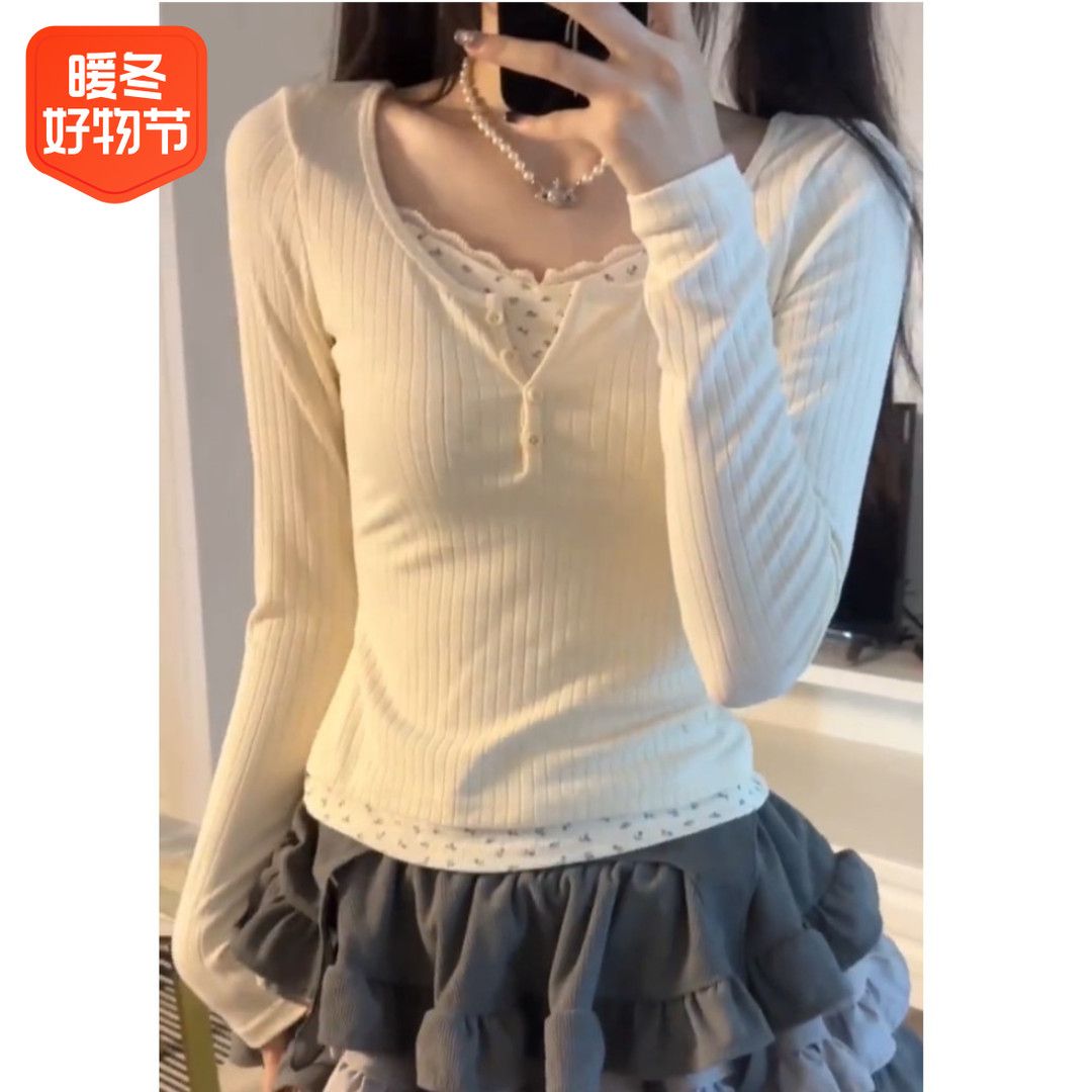 加絨大碼胖妹妹碎花拼接假兩件T恤女秋冬內搭修身打底衫長袖洋氣