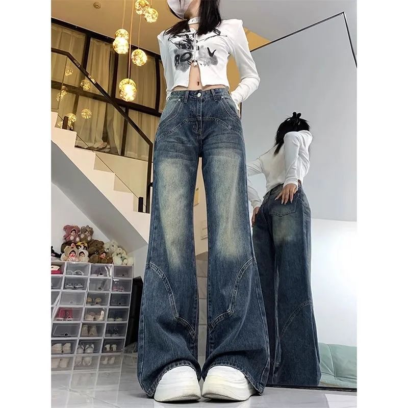 145小個子復古美式闊腿牛仔褲女春秋設計寬鬆高腰顯瘦直筒拖地褲