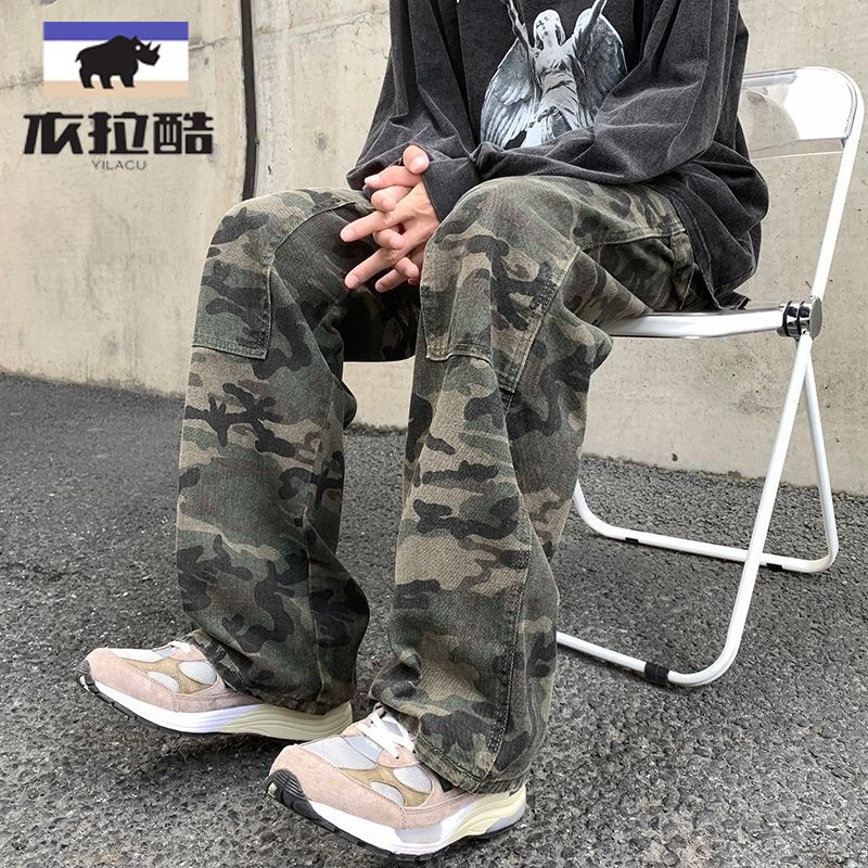 學生男美式復古微喇迷彩褲男vibe褲子直筒工裝褲潮牌伐木褲高街