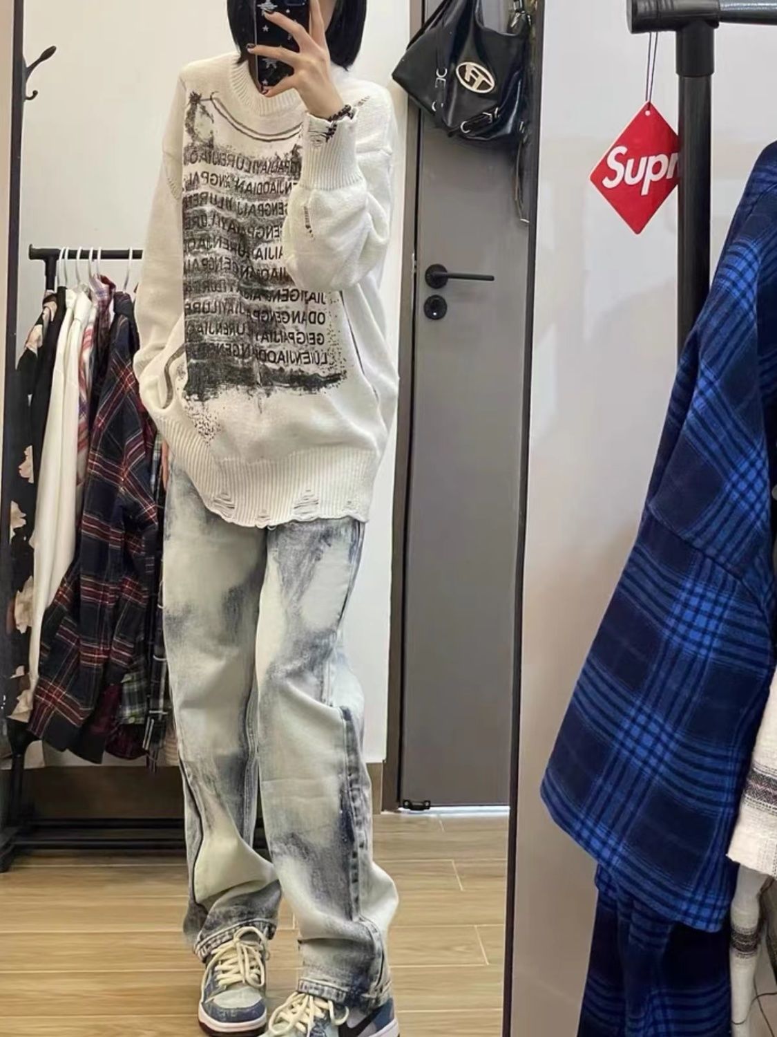 水洗扎染直筒牛仔褲女秋冬新款高腰寬鬆顯瘦修身百搭拖地長褲子潮
