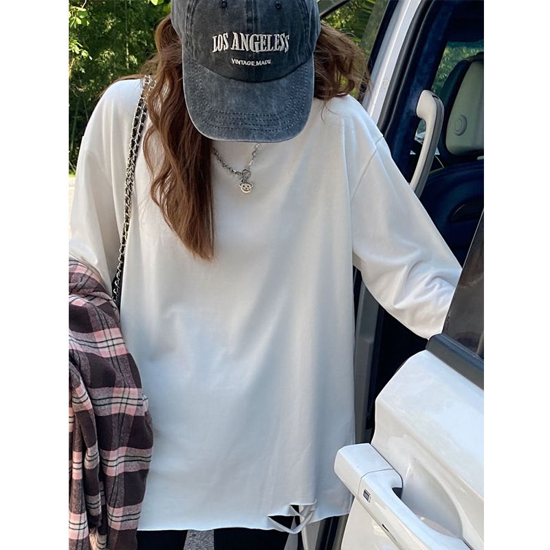 100%純棉韓版破洞長袖T恤女純棉內搭秋冬季打底衫秋冬中長款上衣