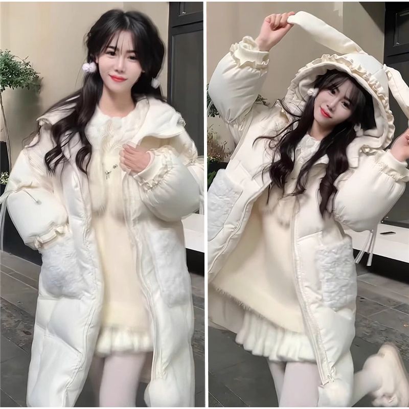 冬季新款保暖洋氣可愛軟妹中長款小眾過膝連帽白色羽絨服女長棉衣