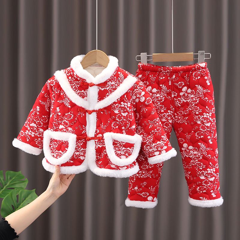 Baby girl's winter clothing, Chinese style Tang suit, festive New Year's clothing, one-year-old girl's New Year's clothing, winter Hanfu two-piece suit