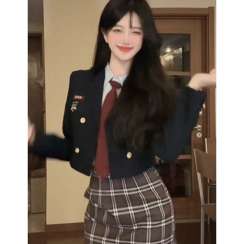 三件套裝女2023秋冬新款韓系學院風短款西裝外套襯衫高腰格紋短裙