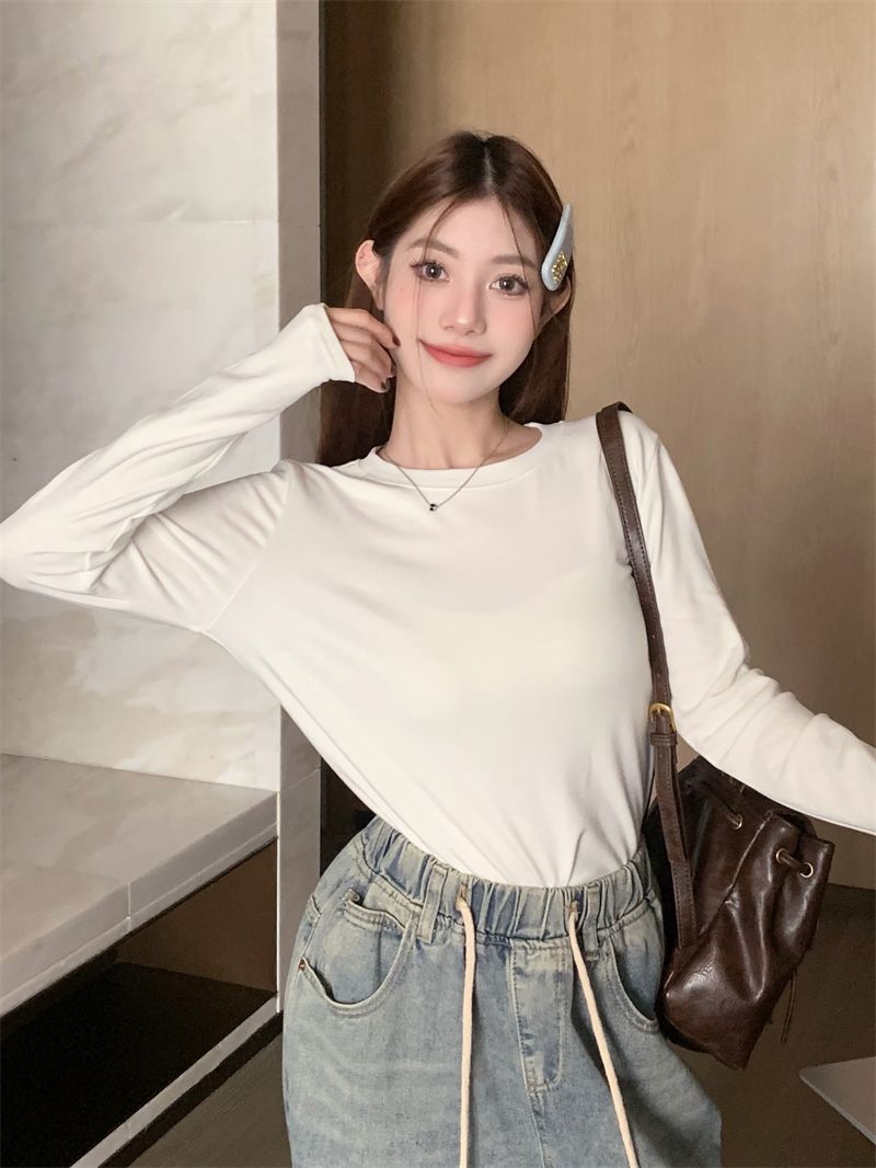 加絨加厚保暖T恤女冬季2024新款純色內搭打底衫韓版顯瘦長袖上衣