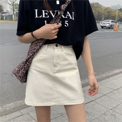 Casual and versatile a-line half-length denim skirt for women 2023 new spring and autumn high-waist slim denim skirt for small people