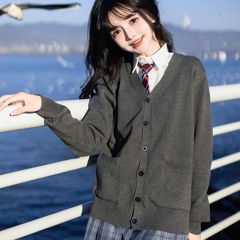 JK cardigan sweater knitted jacket autumn and winter thickened dark gray old man cardigan jk uniform suit school long sleeve